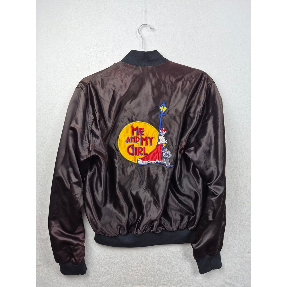 Vintage Satin Bomber Jacket Black Embroidered Dan Snap Front Mens Large
